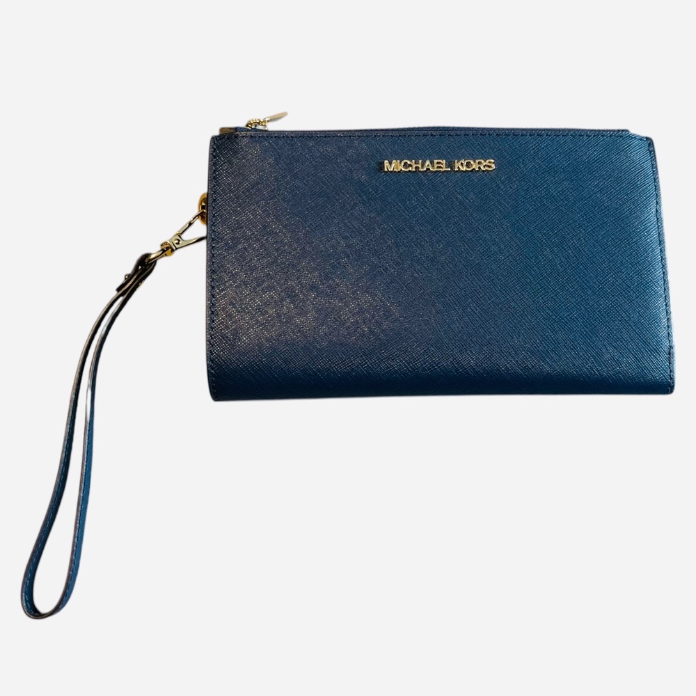 Michael Kors Jet Set Double Zip Wallet Wristlet Navy Blue Excellent